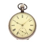 Silver cased open face pocket watch, white Roman dial with subsidiary at VI, top-wound movement,