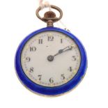 Lady's open face enamel fob watch, white Arabic dial with Royal-blue surround, the rear cover with