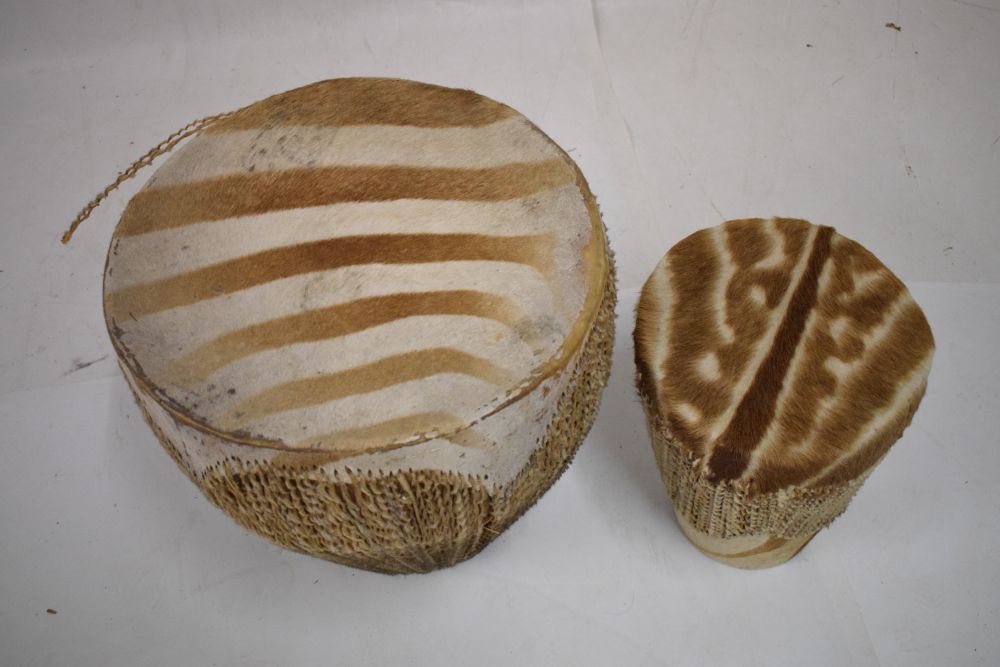 Two African zebra skin drums, the larger 45cm diameter Condition: **Due to current lockdown - Image 2 of 5