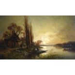 Henry Maurice Page - Oil on canvas - Moonlit rural boating scene, signed bottom left, 44cm x 74.5cm,