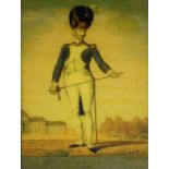 Reproduction late 18th Century-style print of a French Military Officer, 40cm x 25.5cm, framed and