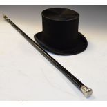 Black moleskin top hat by Bennetts, London, together with a silver mounted ebonised walking cane