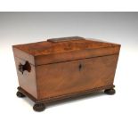 William IV mahogany sarcophagus tea caddy enclosing two removable canisters flanking glass