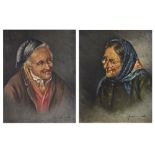 Continental School - 19th Century - Pair of oils on board - Elderly man with pipe and Elderly woman,