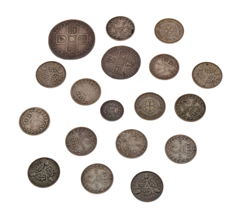 Small collection of GB coinage to include; Queen Anne shilling 1709, George II sixpence 1757 and a