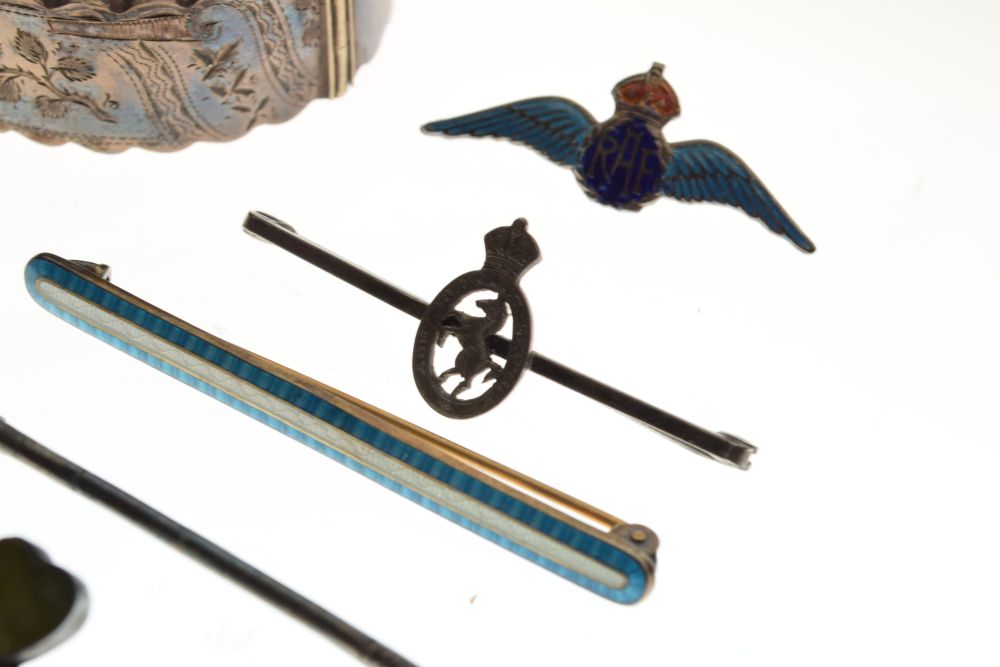 Assorted brooches to include RAF enamel, carved jade, moonstone, riding crop, miniature dagger - Image 2 of 5