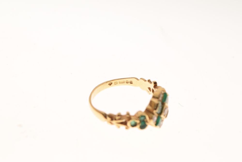 18ct gold, diamond and emerald dress ring, the square head set with five Swiss cut diamonds and four - Image 5 of 5