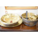 Quantity of brass ware, together with a pair of pewter candlesticks, gallery tray, etc Condition: