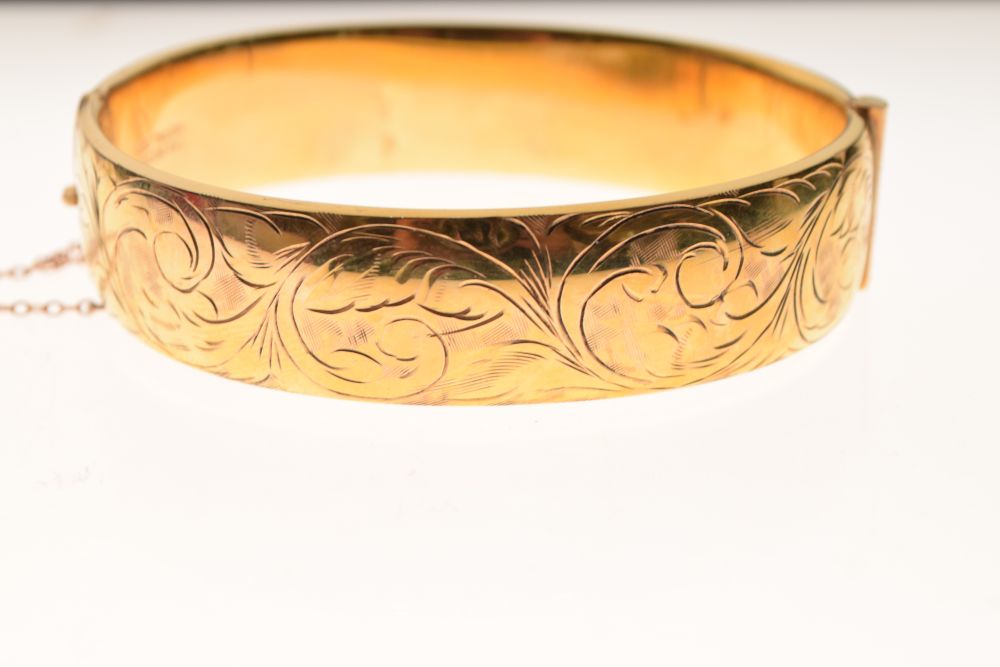 Yellow metal snap bangle, stamped 9ct metal core, 16mm wide, 30.7g gross approx Condition: ** Due to - Image 2 of 7