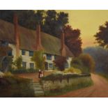 English School (Late 19th Century) - Oil on canvas - Figures outside a thatched cottage, signed with