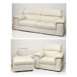 Good quality cream leather three-seater settee with matching chair and storage ottoman, together