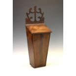 19th Century mahogany and string inlaid wall mounted candle box having pierced fretwork cresting,