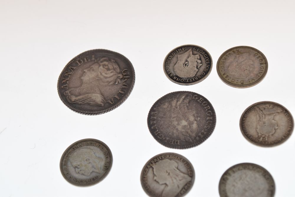 Small collection of GB coinage to include; Queen Anne shilling 1709, George II sixpence 1757 and a - Image 9 of 9