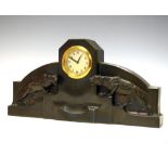 Art Deco style anodised metal mantel timepiece with Arabic dial flanked by panthers, 31.5cm wide x