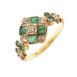18ct gold, diamond and emerald dress ring, the square head set with five Swiss cut diamonds and four