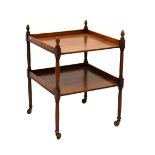 Mahogany square two-tier trolley having gallery on three sides with turned acorn finials, 60cm