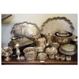 Large selection of silver-plated wares including piecrust tray, entrée dishes, cased servers etc