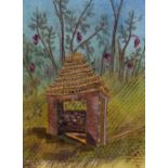 Textiles - Embroidered panel of a temple in a landscape, signed MA, 58.5cm x 43cm, in a contemporary