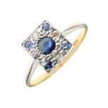 Yellow metal, diamond and sapphire dress ring, the rectangular panel inset with five sapphires and