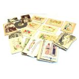 Bundle of late 19th and early 20th Century postcards to include; World War I silks, greetings,