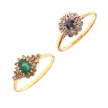 18ct gold, emerald and diamond cluster ring, size Q, 2.3g gross approx, together with a yellow