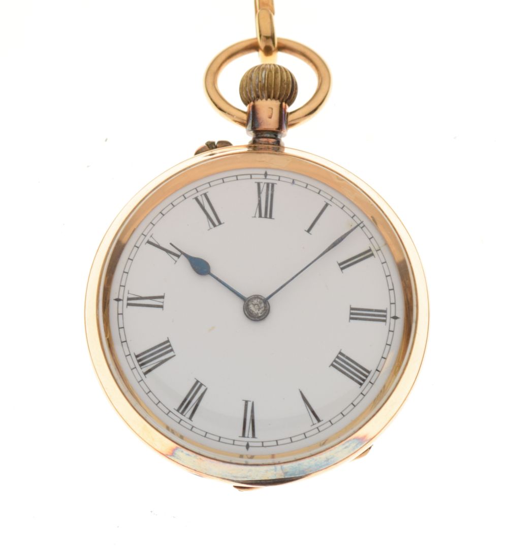 Yellow metal open face pocket watch, white Roman dial, top-wound movement, case stamped 18k 5820,