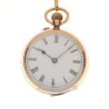 Yellow metal open face pocket watch, white Roman dial, top-wound movement, case stamped 18k 5820,