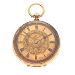 Lady's yellow metal open face pocket watch, gilt Roman chapter ring framing central panel engraved