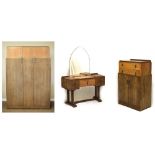 Art Deco-style limed oak bedroom suite with hobnail decoration comprising double wardrobe, tallboy