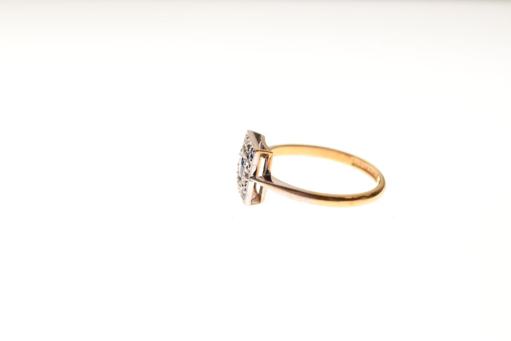 Yellow metal, diamond and sapphire dress ring, the rectangular panel inset with five sapphires and - Image 2 of 5