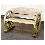 Modern garden bench, the ends being formed in the style of a cartwheel, 98cm wide Condition: The