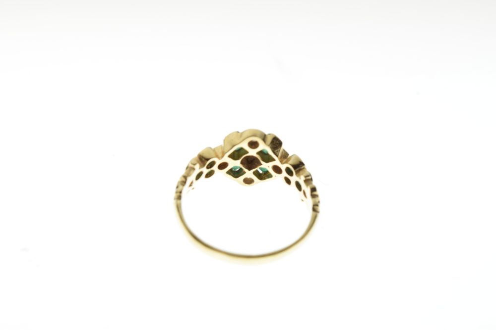 18ct gold, diamond and emerald dress ring, the square head set with five Swiss cut diamonds and four - Image 3 of 5