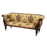 19th Century mahogany scroll end sofa Condition: Overall wear, scratches and varnish blistering to