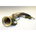 Antique metal-mounted horn with cast stag head and oak leaf mounts, metal ends tasselled hanging