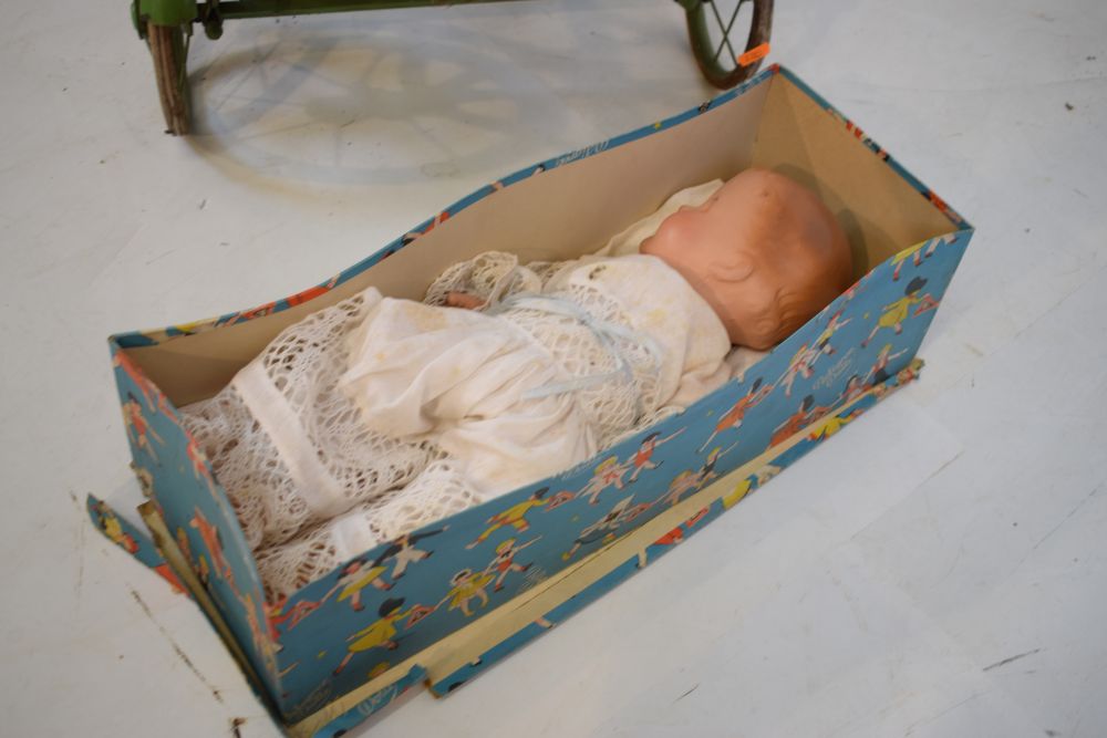 Vintage child's pram, in green, together with assorted group of bisque and other headed dolls - Image 2 of 9