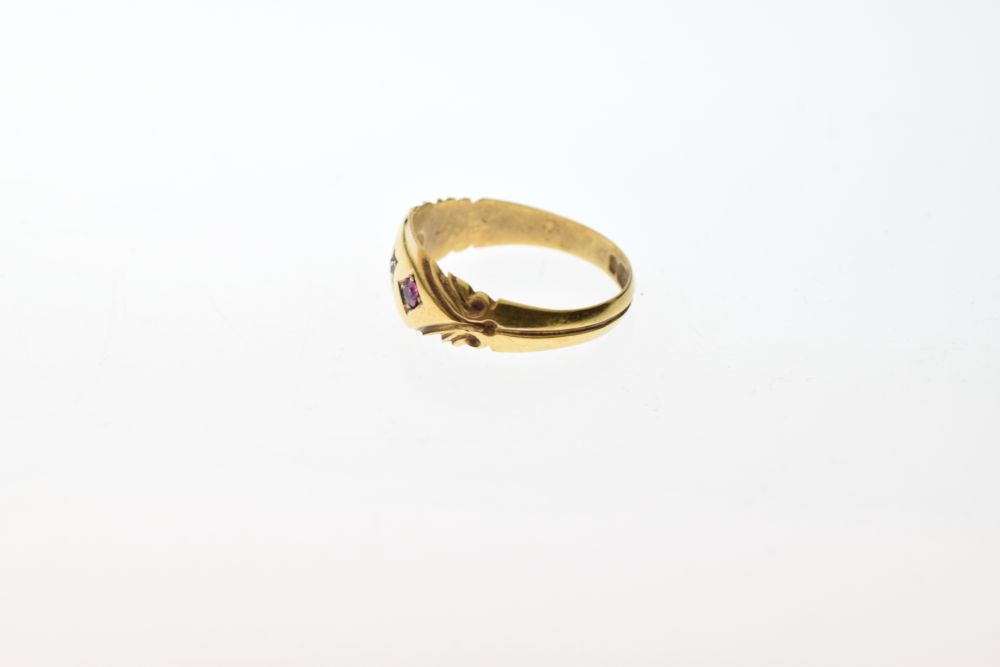 Late Victorian 15ct gold, ruby and diamond three-stone dress ring, Chester 1892, size N, 2.9g - Image 3 of 6