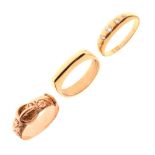Three assorted gold rings comprising a 9ct gold buckle belt wedding band, another 9ct band with flat