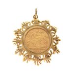 Gold Coin - Queen Victoria half sovereign 1901, in 9ct gold sunburst mount with suspension loop, 9.