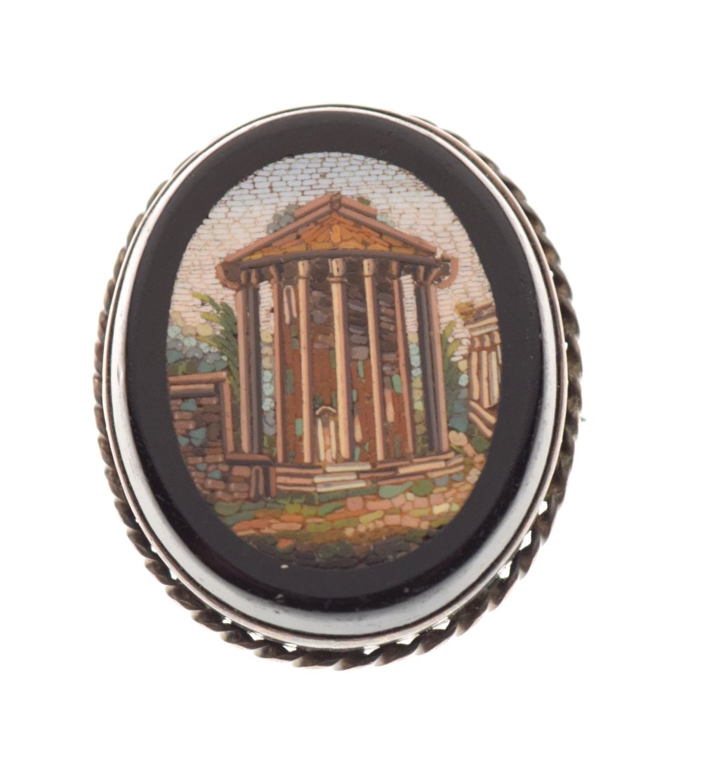 Italian pietra dura micro mosaic oval brooch depicting a classical rotunda, in unmarked yellow