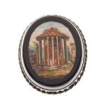 Italian pietra dura micro mosaic oval brooch depicting a classical rotunda, in unmarked yellow