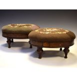Pair of 19th Century walnut veneered foot stools with embroidered tops Condition: Lower section of
