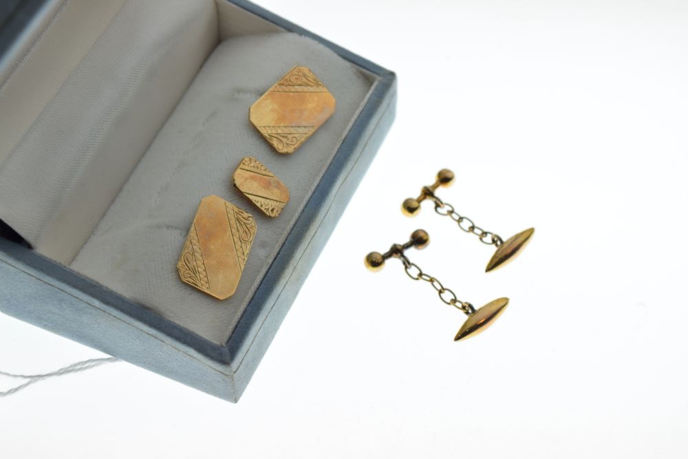 Cased pair of 9ct gold cufflinks, each with engraved canted oblong panel, together with a matching - Image 2 of 6