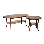 Stained elm coffee table and circular occasional table in the manner of Ercol, coffee table 114cm