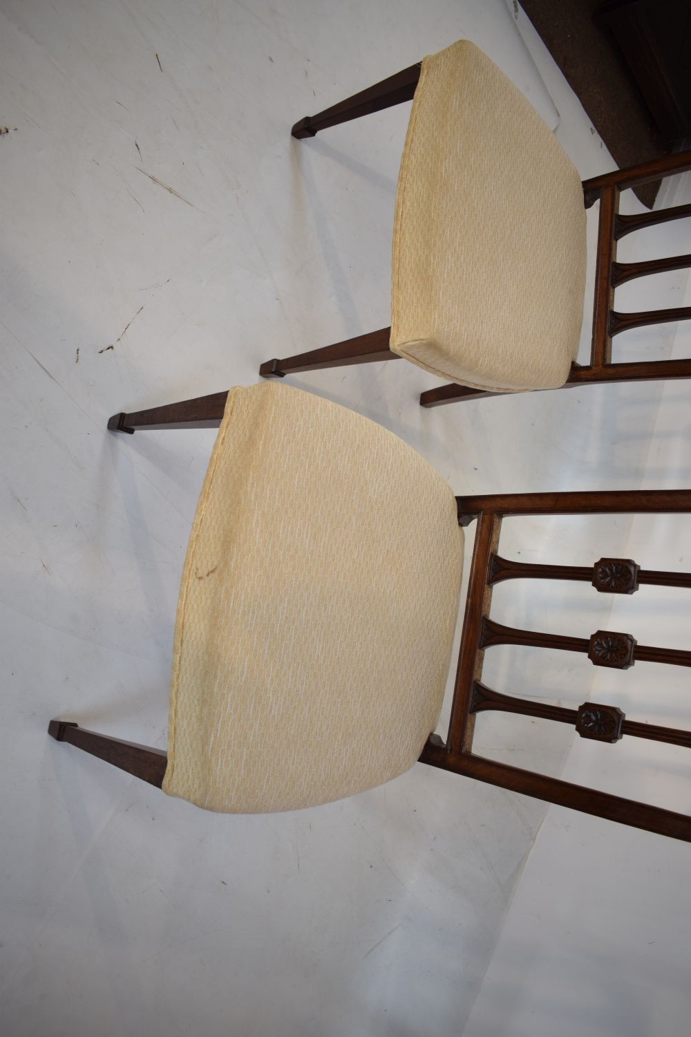 Pair of Sheraton style dining chairs with over stuffed seats Condition: Fading and stains to tops of - Image 3 of 6