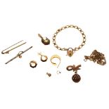 Assorted gold, yellow metal and unmarked jewellery to include rope-link chain, bar brooch, panel