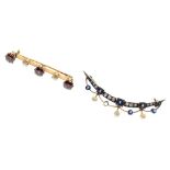 Unmarked yellow metal, diamond, sapphire and pearl-set crescent brooch, 4.5cm wide, together with