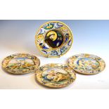 Three Italian reproduction tin glaze plates painted with classical scenes and motif and a bowl