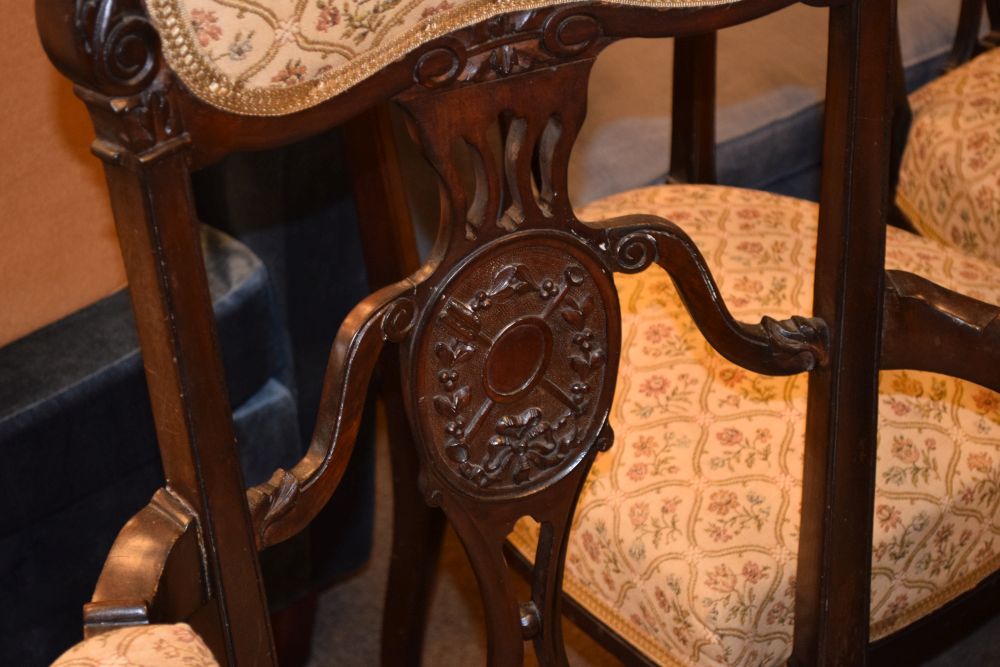 Late 19th/early 20th Century mahogany drawing room suite of settee, pair of open armchairs, and four - Image 3 of 7