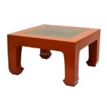 Chinese square red lacquer finish marble top coffee table, 79cm square, purchased from Pagoda