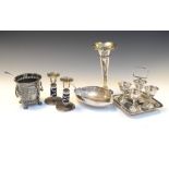 Quantity of silver plate to include French shaped dish, egg cruet set, pair of candlesticks etc